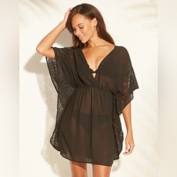 Black Lace Kimono Swim Coverup with V-Neck - Picture 5 of 10